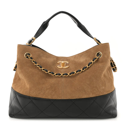 Chanel Suede Calfskin Shiny Lambskin Quilted Small Coco Base Shopping Bag Beige Black 1 of 10