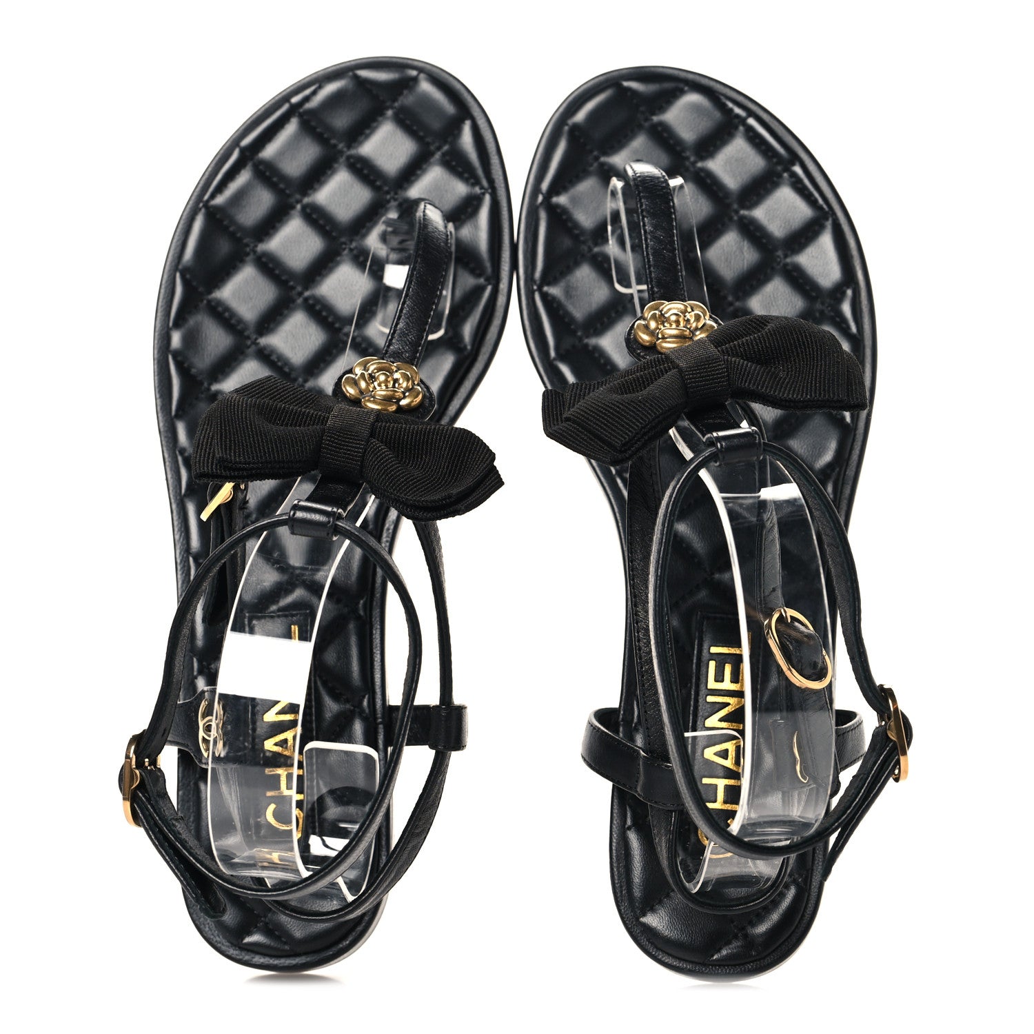 Chanel Lambskin Grosgrain Camellia Thong Sandals 37 Black 2 of 9