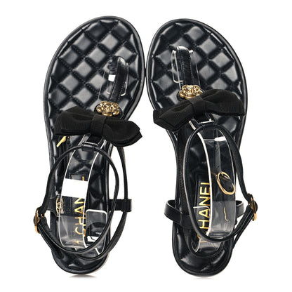 Chanel Lambskin Grosgrain Camellia Thong Sandals 37 Black 2 of 9