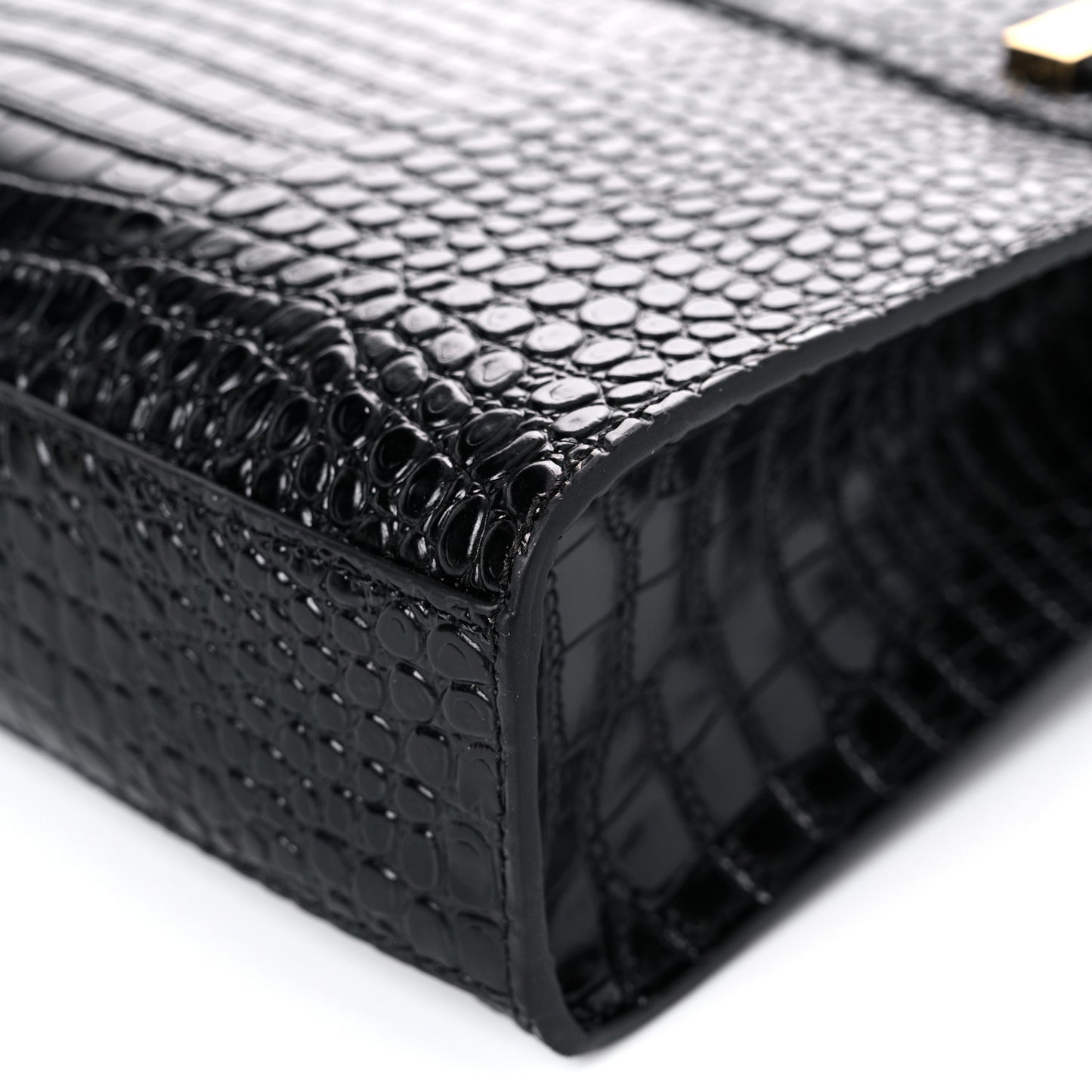 Shiny Calfskin Crocodile Embossed Manhattan Baguette Black