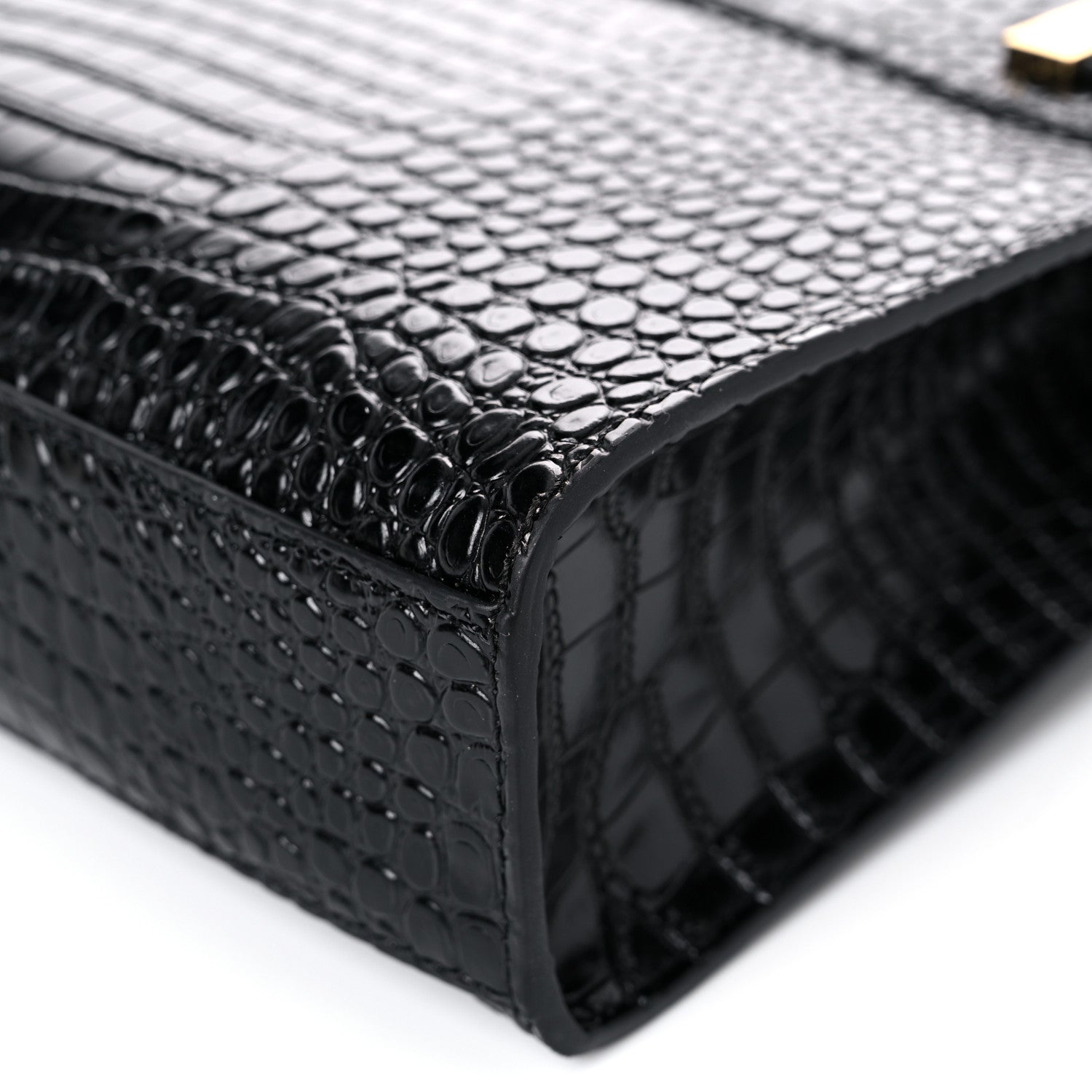 Saint Laurent Shiny Calfskin Crocodile Embossed Manhattan Baguette Black 10 of 11