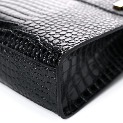 Saint Laurent Shiny Calfskin Crocodile Embossed Manhattan Baguette Black 10 of 11