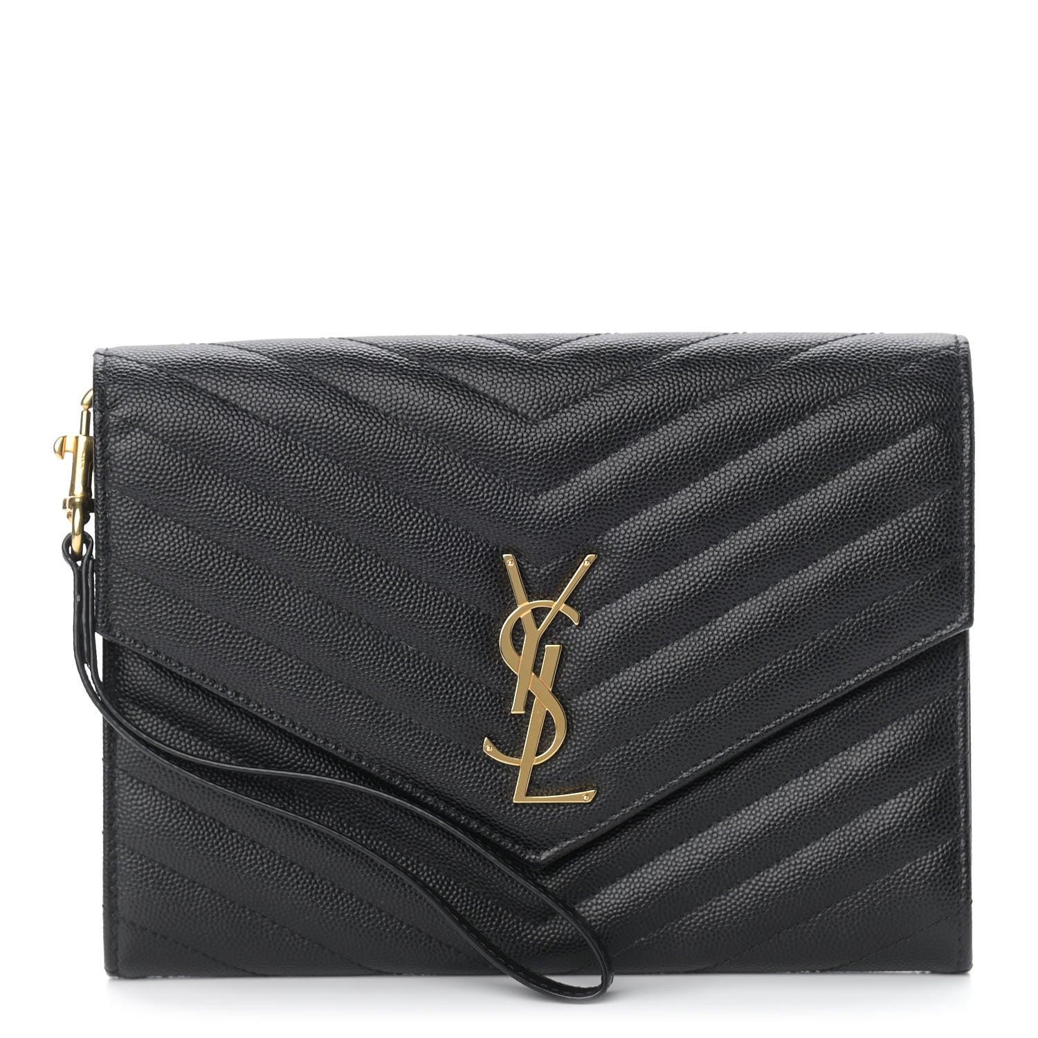 Saint Laurent Grain De Poudre Matelasse Chevron Monogram Envelope Clutch Black 1 of 8