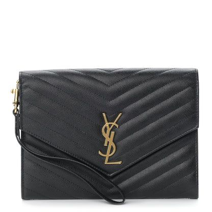 Saint Laurent Grain De Poudre Matelasse Chevron Monogram Envelope Clutch Black 1 of 8