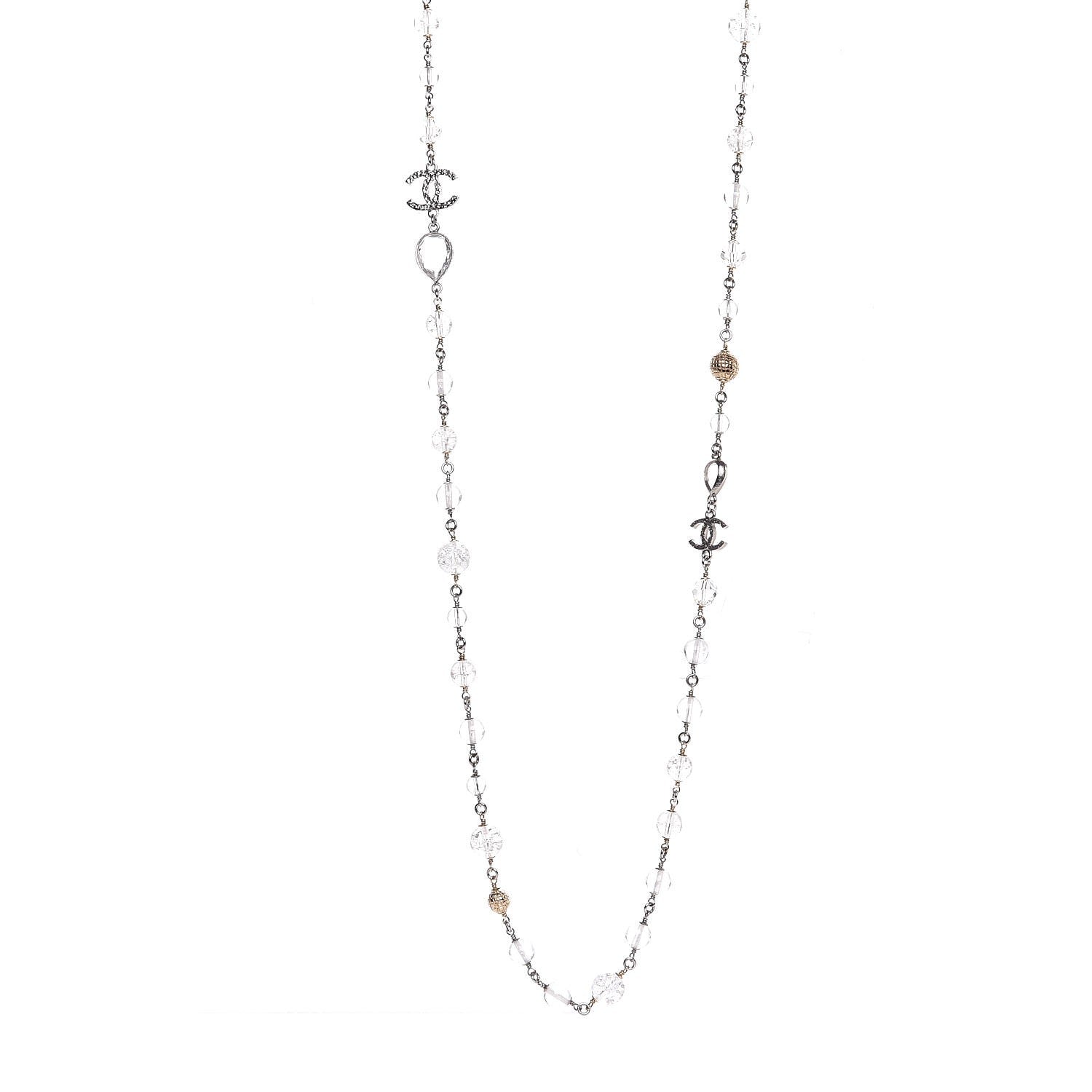 Chanel Beaded Crystal CC Long Necklace Silver 1 of 6