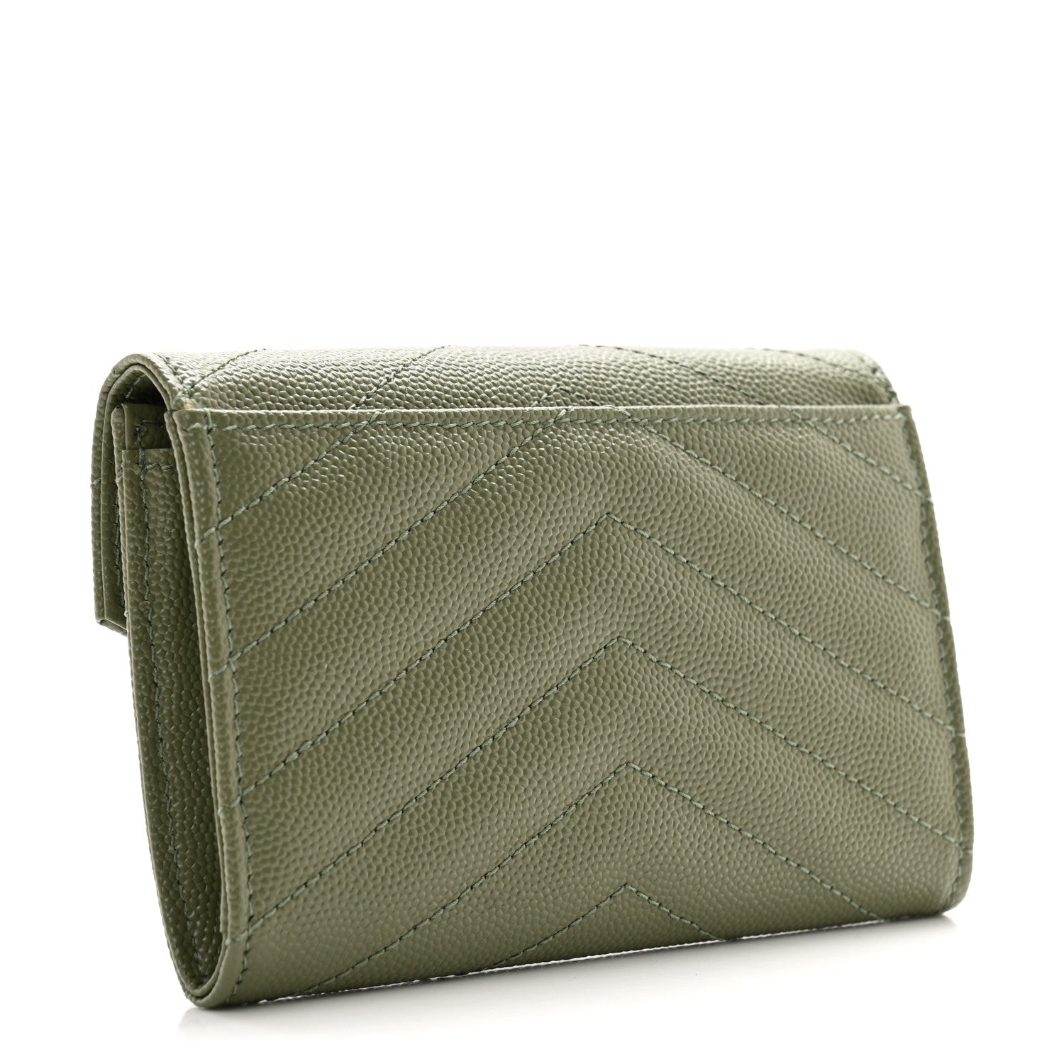Saint Laurent Grain De Poudre Matelasse Chevron Small Monogram Envelope Wallet Light Sage 3 of 9