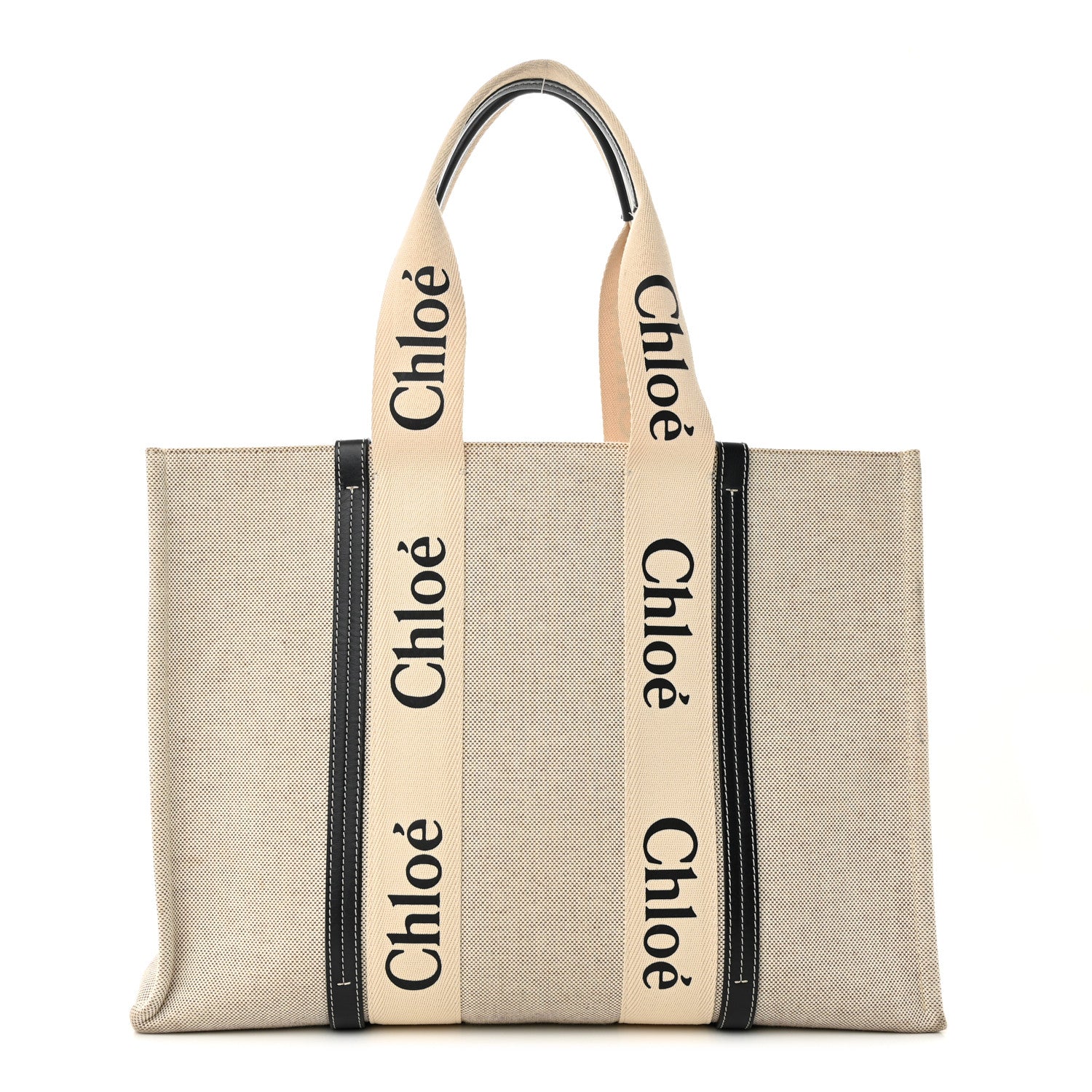 Chloe Cotton Calfskin Large Woody Ribbon Tote White Black 1 of 15