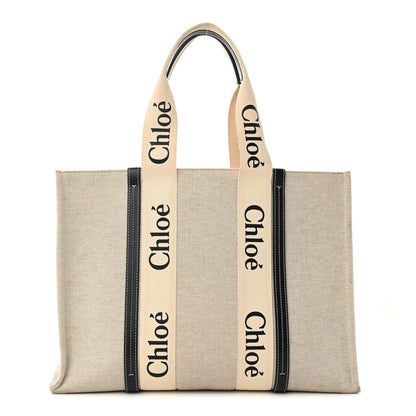 Chloe Cotton Calfskin Large Woody Ribbon Tote White Black 1 of 15