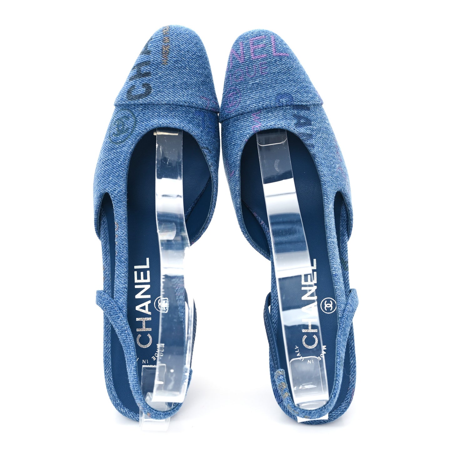 Denim Printed Mood Cap Toe CC Slingback Pumps 36.5 Light Blue Multicolor