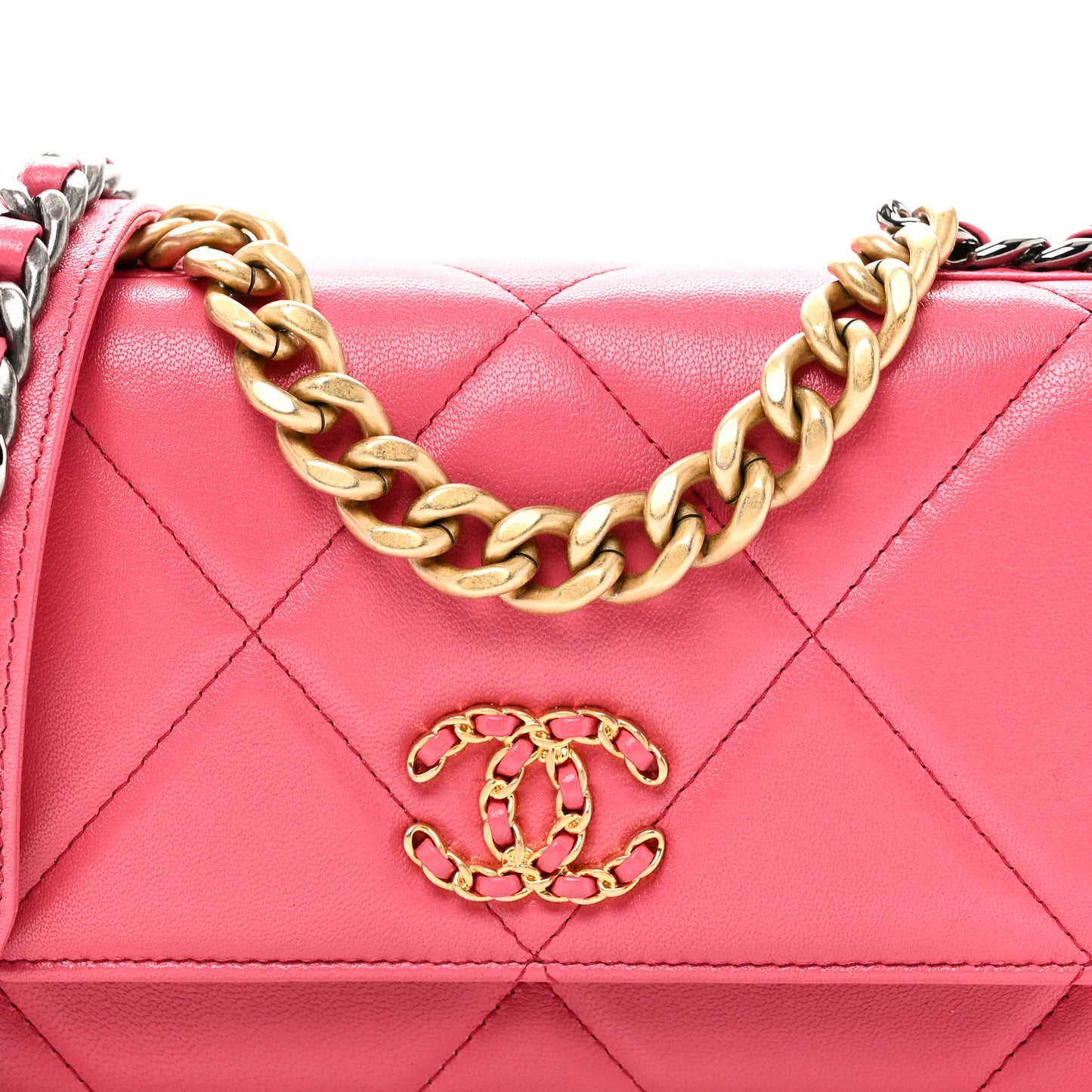 Shiny Goatskin Quilted Chanel 19 Wallet On Chain WOC Dark Pink