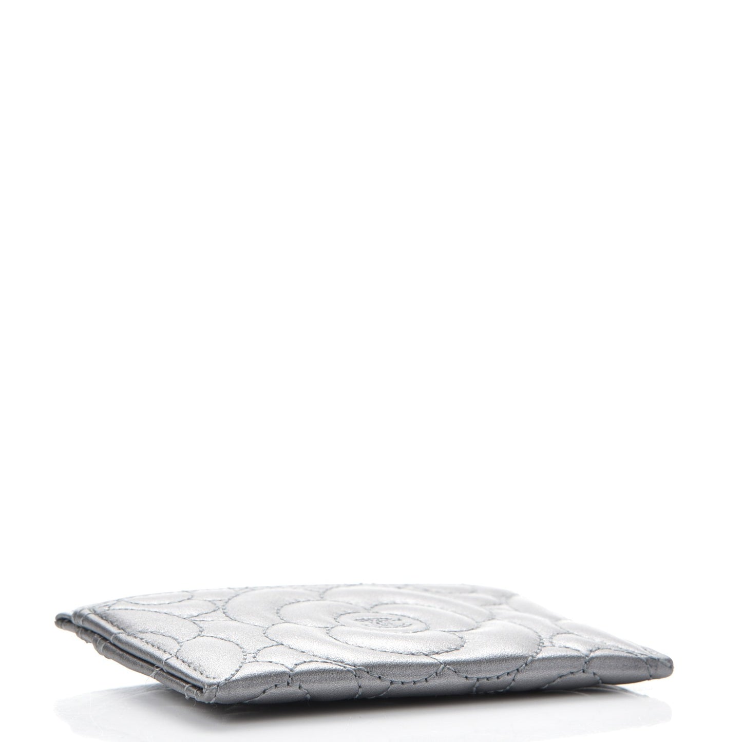 Metallic Lambskin Camellia Embossed Card Holder Silver