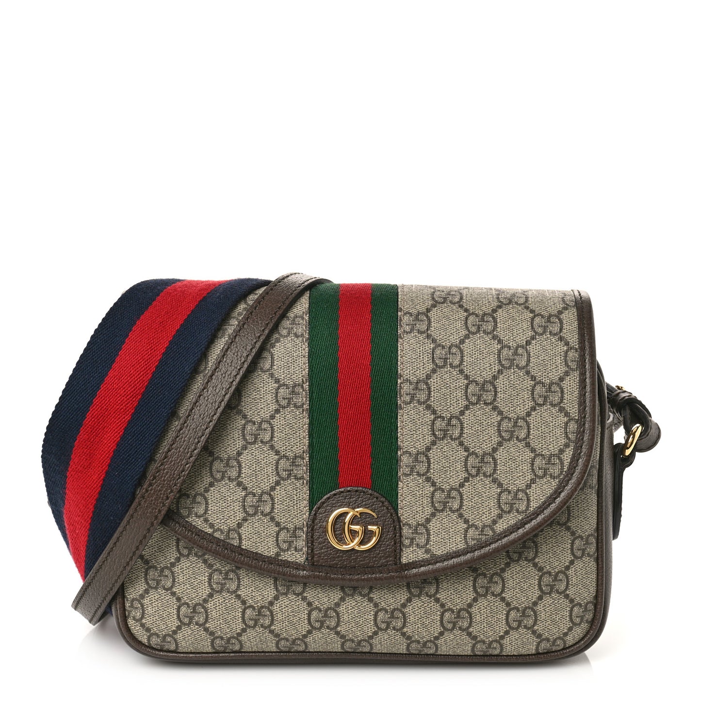 GG Supreme Monogram Textured Dollar Calfskin Web Studded Mini Ophidia Flap Shoulder Bag Beige Ebony New Acero