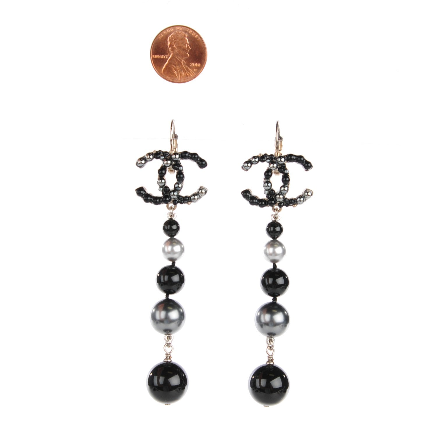 Chanel Pearl Bead CC Drop Earrings Grey Black 2 of 5