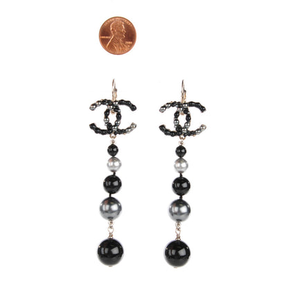 Chanel Pearl Bead CC Drop Earrings Grey Black 2 of 5