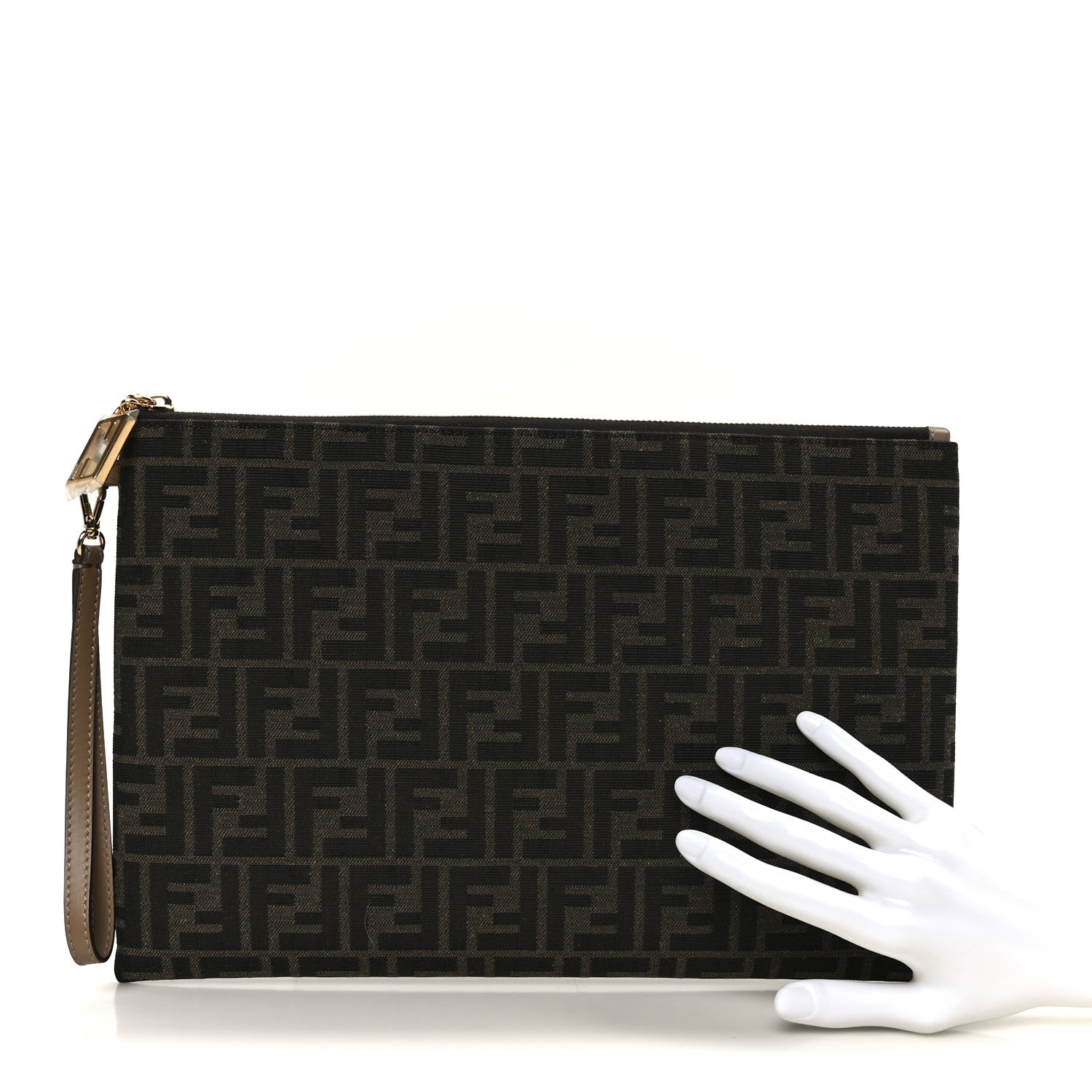 Fendi Fabric Jacquard FF Large Flat Pouch Tobacco Moro Sand 2 of 9