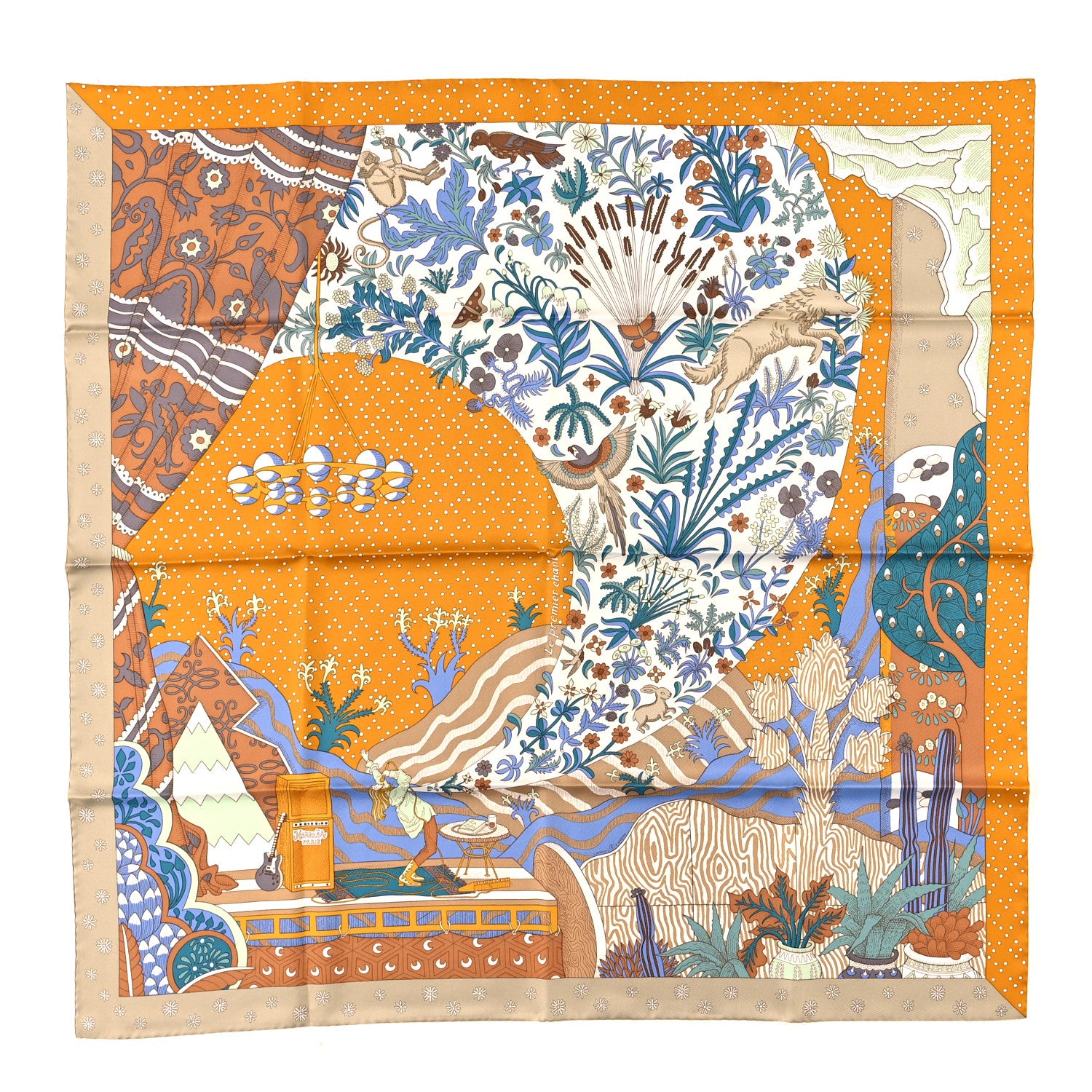 Hermes Silk Le Premier Chant Scarf 90 Caramel White Vert 1 of 3