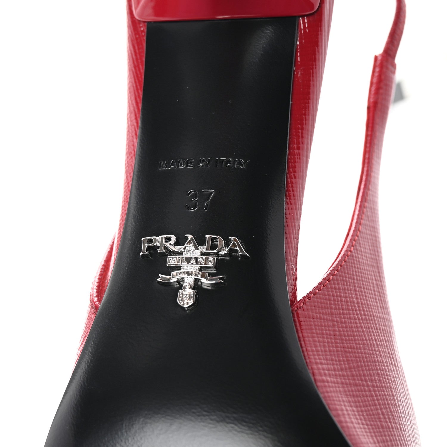 Prada Vernice Saffiano Triangle Logo Pointed Toe 75mm Slingback Pumps 37 Cherry Red 7 of 9