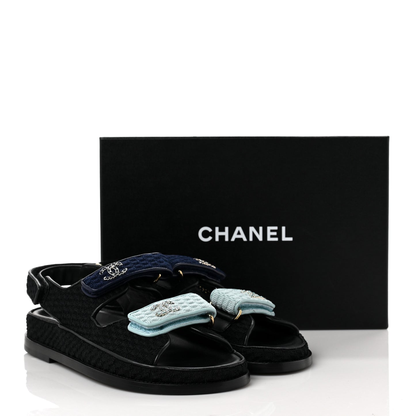 Knit Fabric Velcro Dad Sandals 38 Black Dark Blue Light Blue