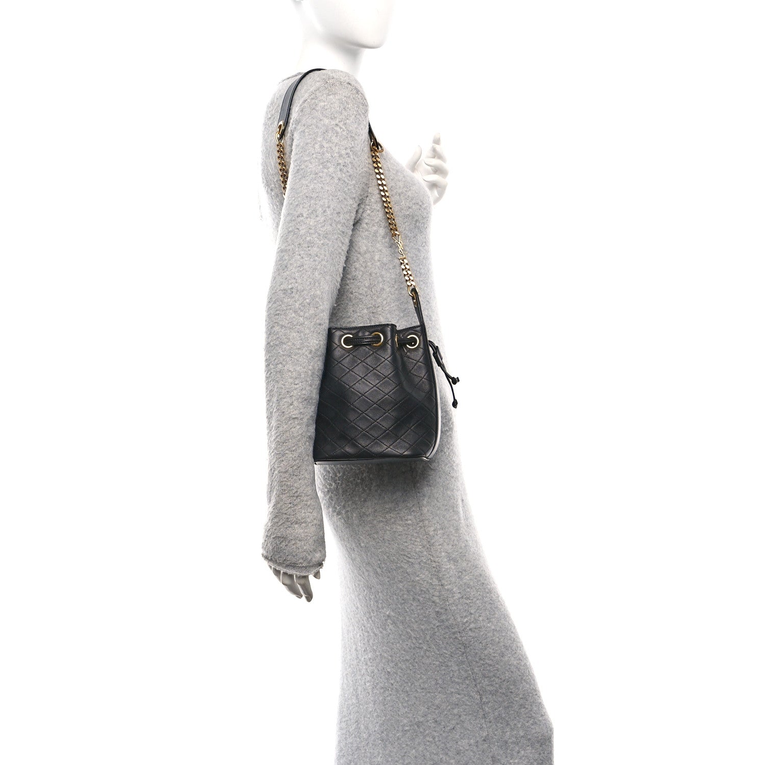 Saint Laurent Lambskin Carre Quilted Small Cassandre Bucket Bag Black 2 of 10