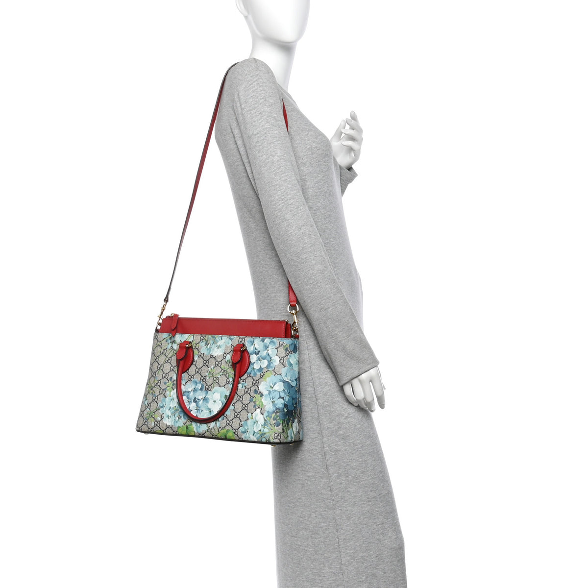 GG Supreme Monogram Blooms Small Zip Top Tote Beige Blue Navy Hibiscus Red