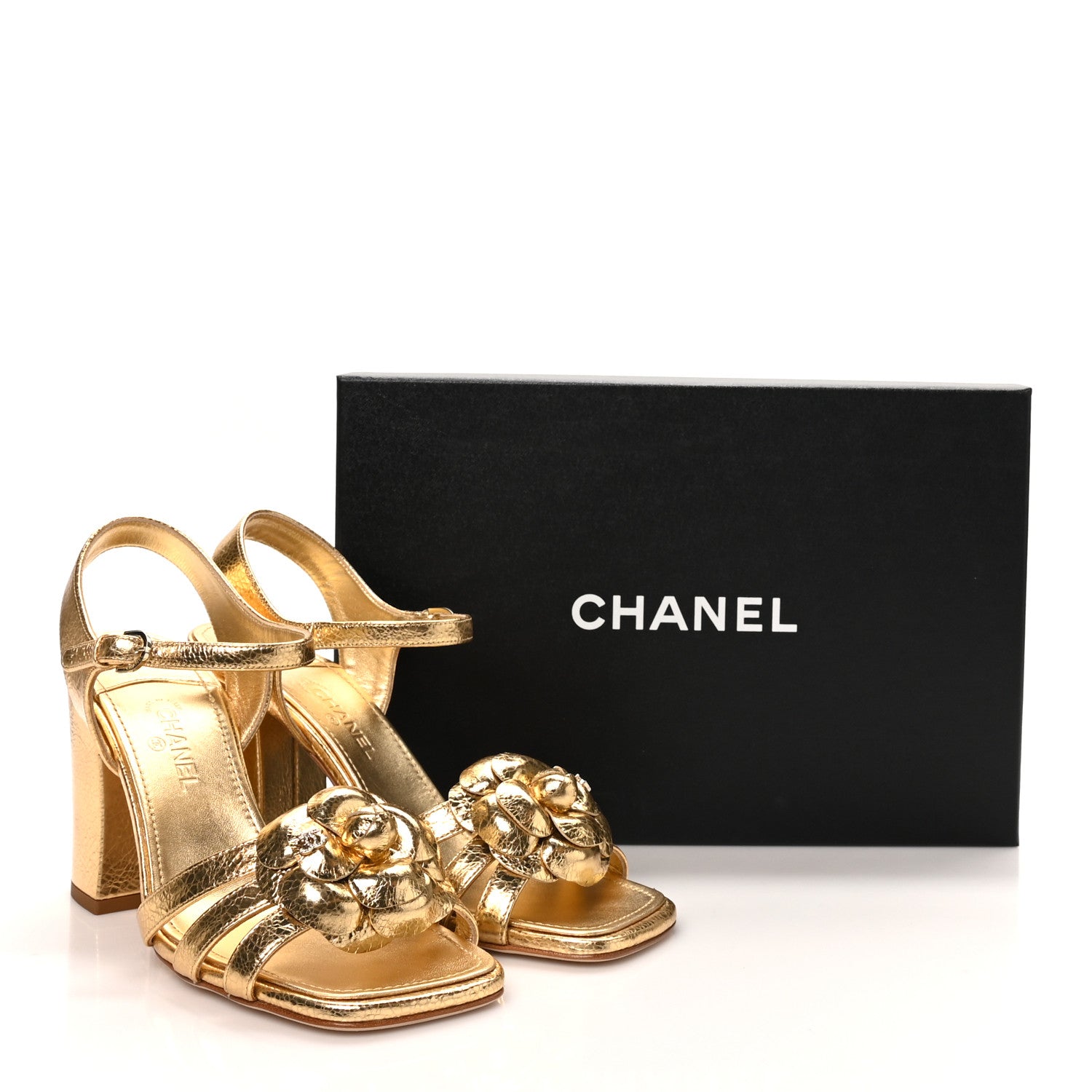 Chanel Crackled Laminated Calfskin Camellia Sandals 39.5 Gold