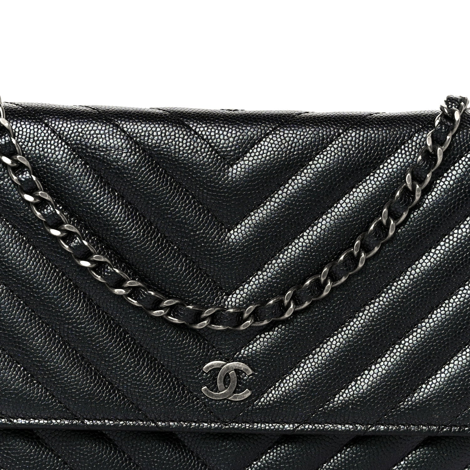 Chanel Iridescent Caviar Chevron Quilted Wallet On Chain WOC Black 9 of 12