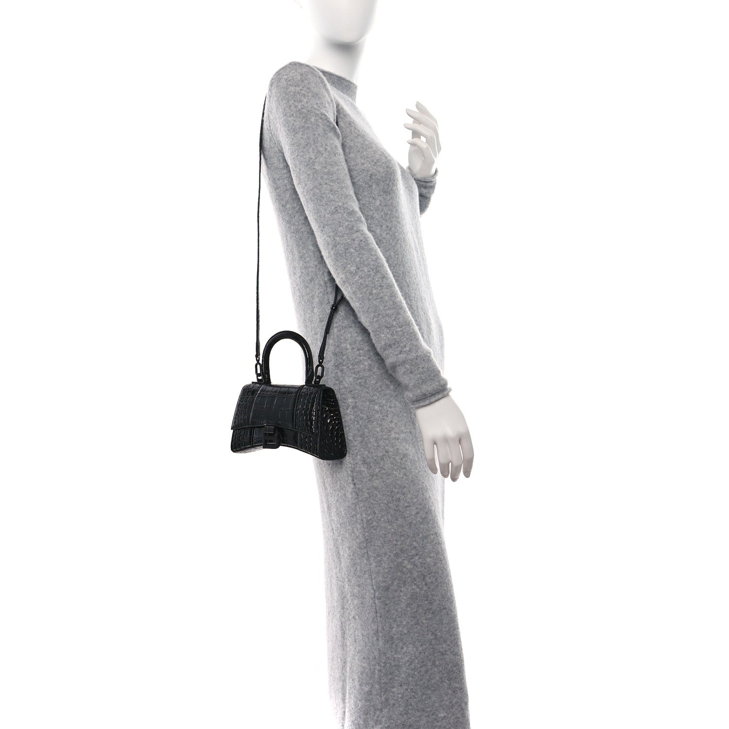 Balenciaga Shiny Calfskin Monochrome Crocodile Embossed Hourglass Top Handle Bag XS Black 2 of 8