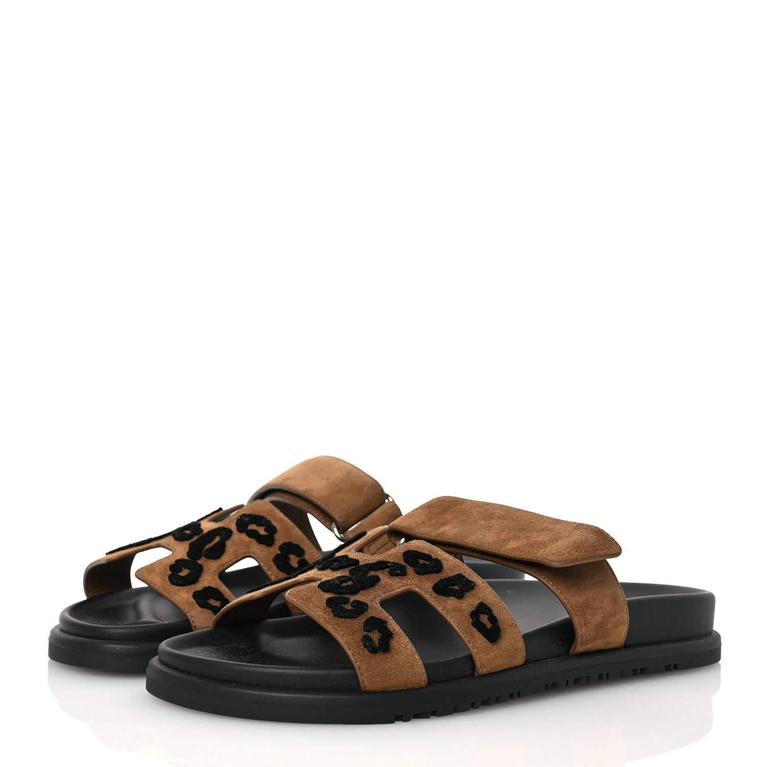 Hermes Suede Goatskin Tufted Leopard Womens Chypre Sandals 38 Brun Fume Black 3 of 10