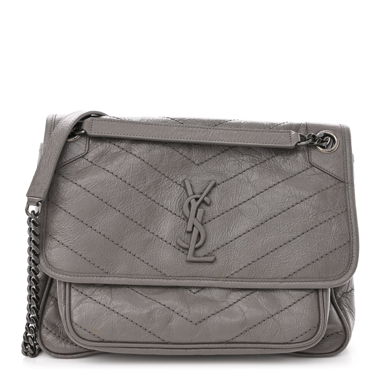 Crinkled Calfskin Matelasse Monogram Medium Niki Chain Satchel Fog