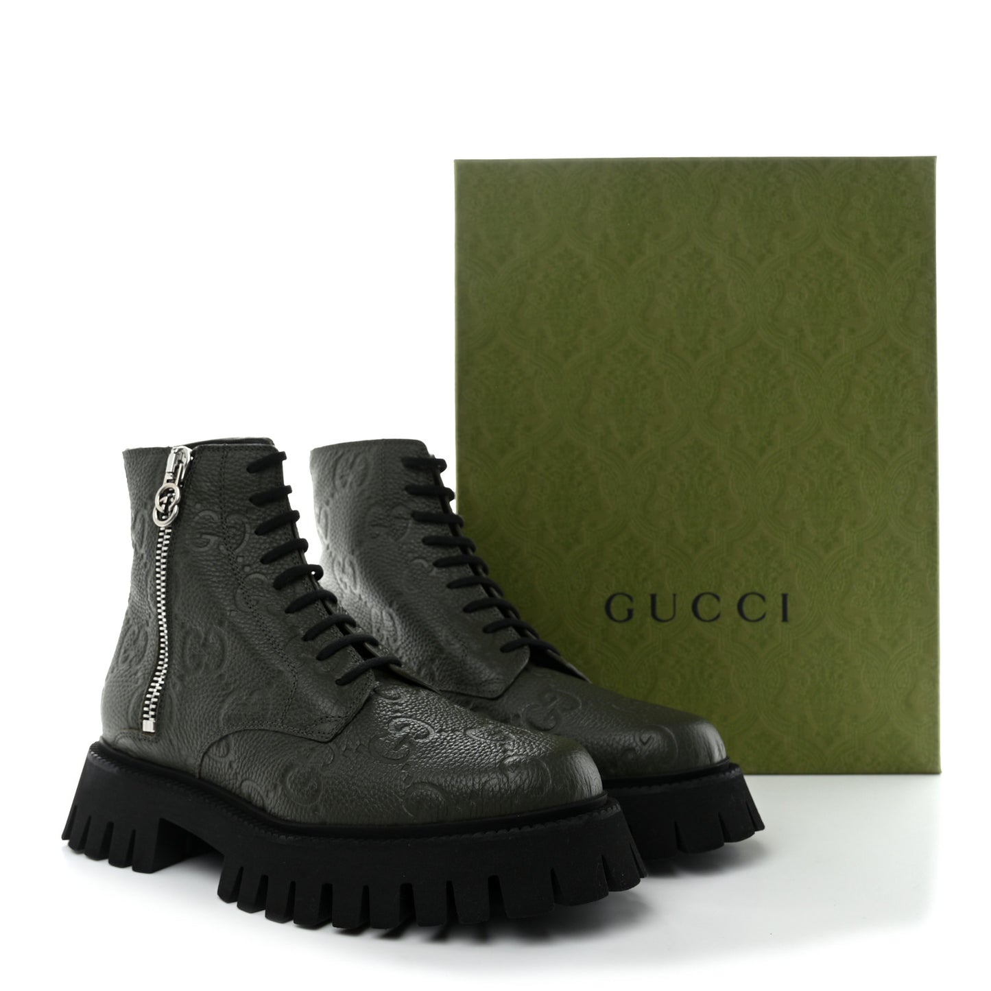 Calfskin Embossed Monogram Lace Up Ankle Boots 8 Green