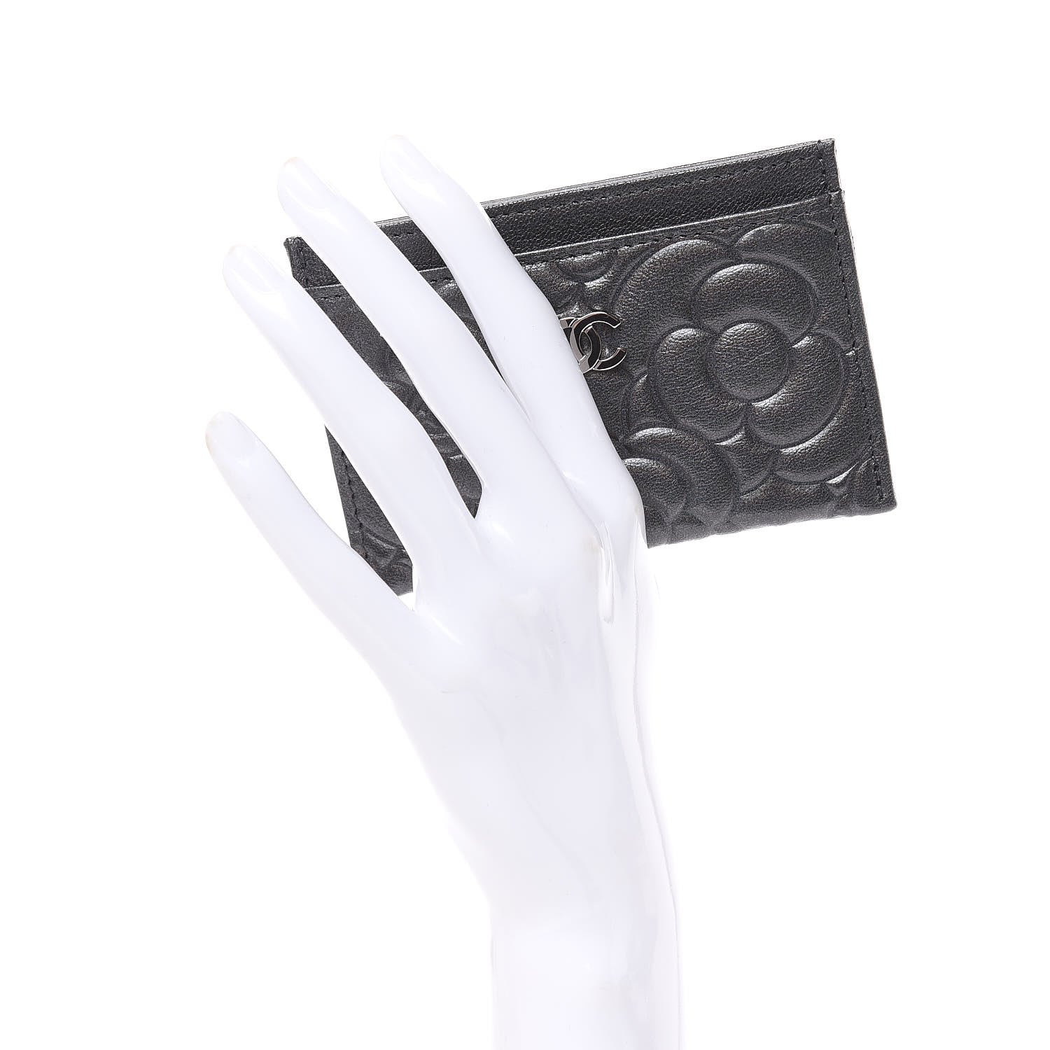 Chanel Goatskin Camellia Embossed Card Holder Grey 2 of 9