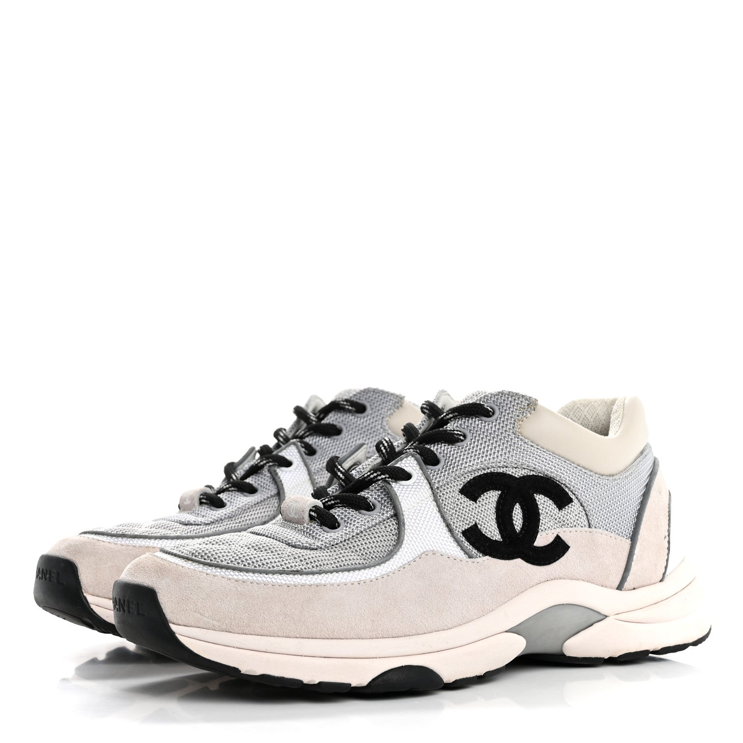 Chanel Mesh Suede Calfskin Grained Calfskin Womens CC Sneakers 38 Grey White 4 of 12