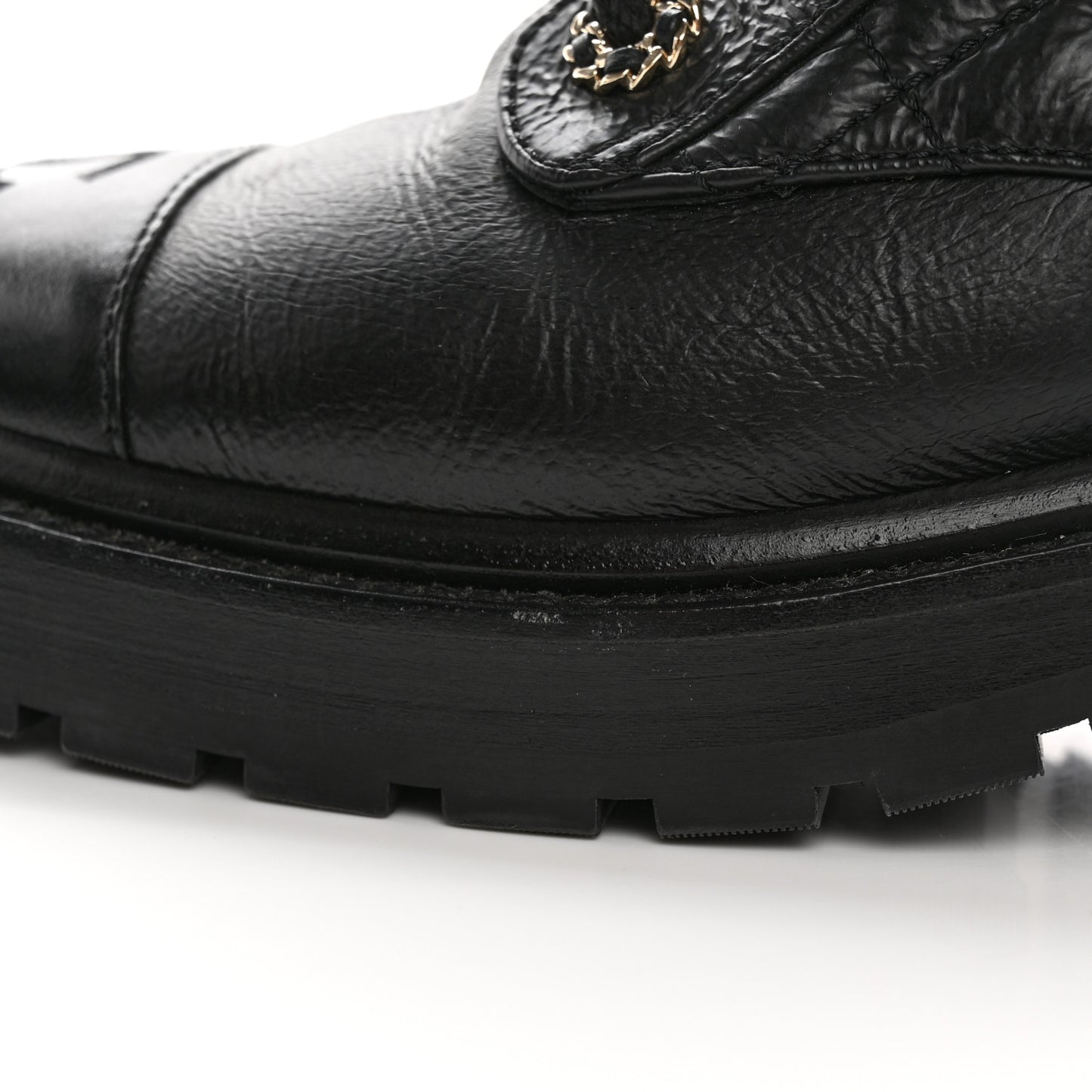 Shiny Calfskin Quilted Lace Up Combat Boots 35.5 Black