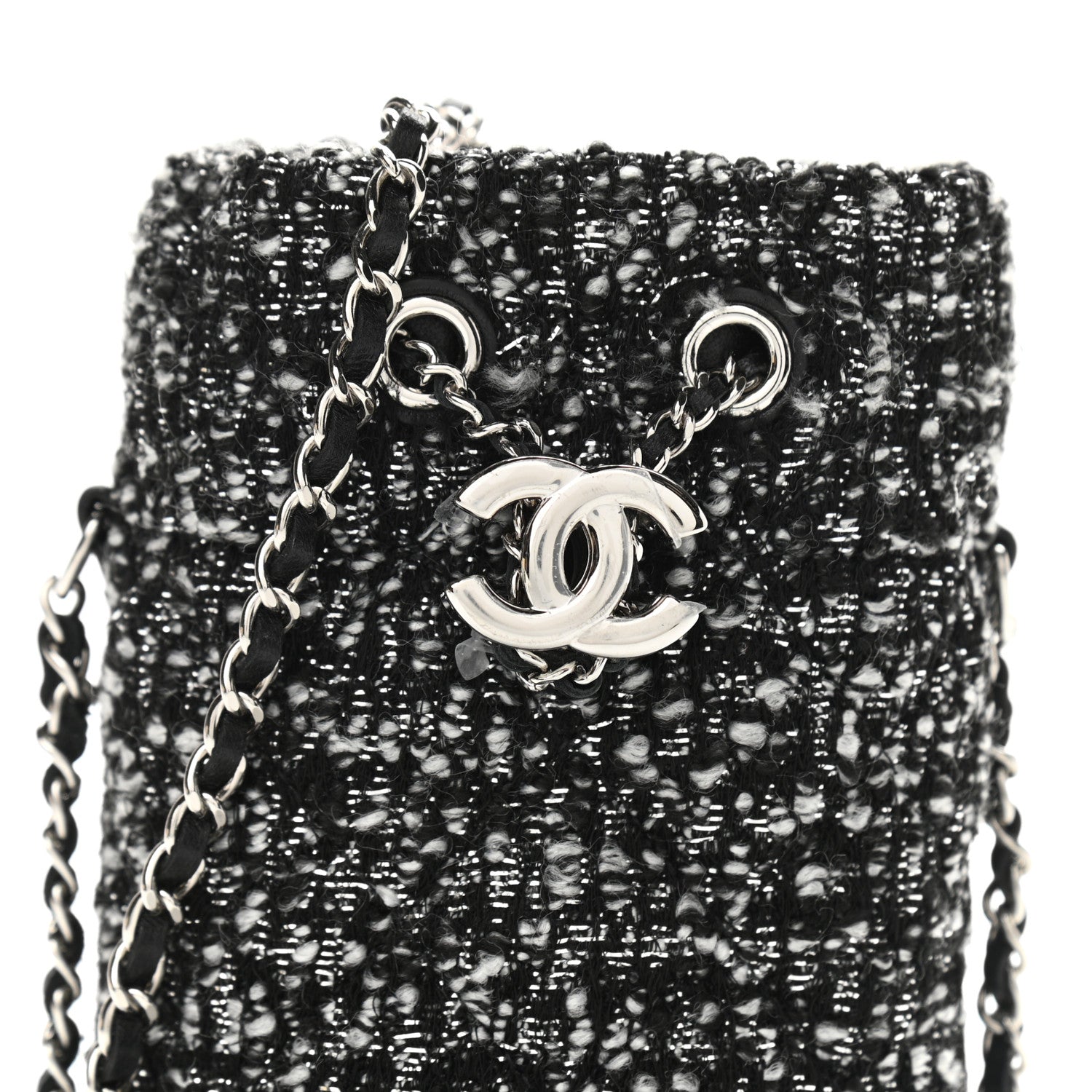 Chanel Tweed Mini Bucket Drawstring Bag Black Silver 9 of 11