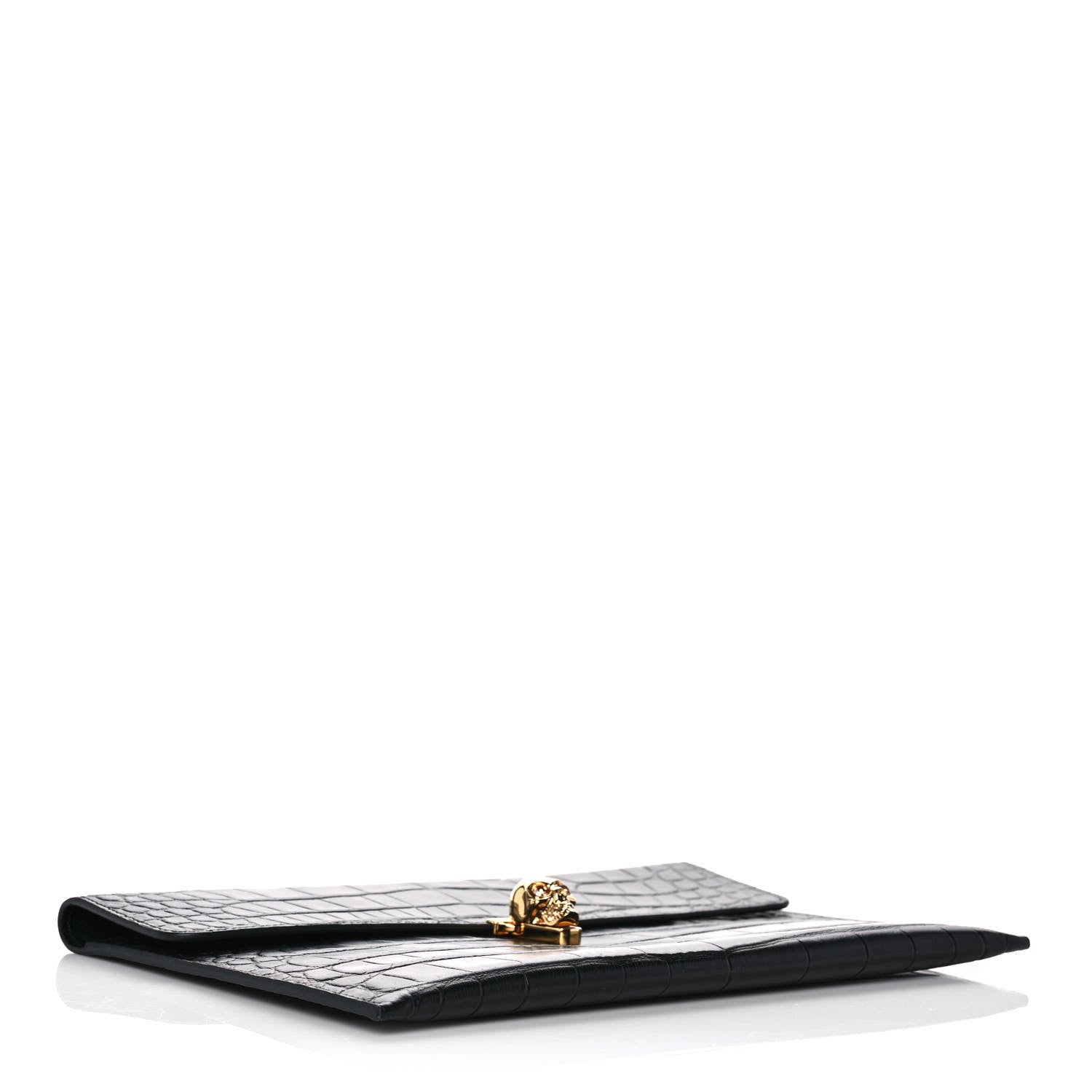 Alexander McQueen Calfskin Crocodile Embossed Skull Envelope Clutch Black 4 of 8