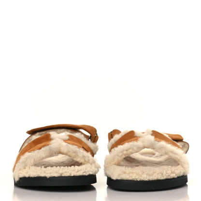 Hermes Suede Goatskin Woolskin Womens Chypre Sandals 39 Brun Fume Ecru 2 of 8