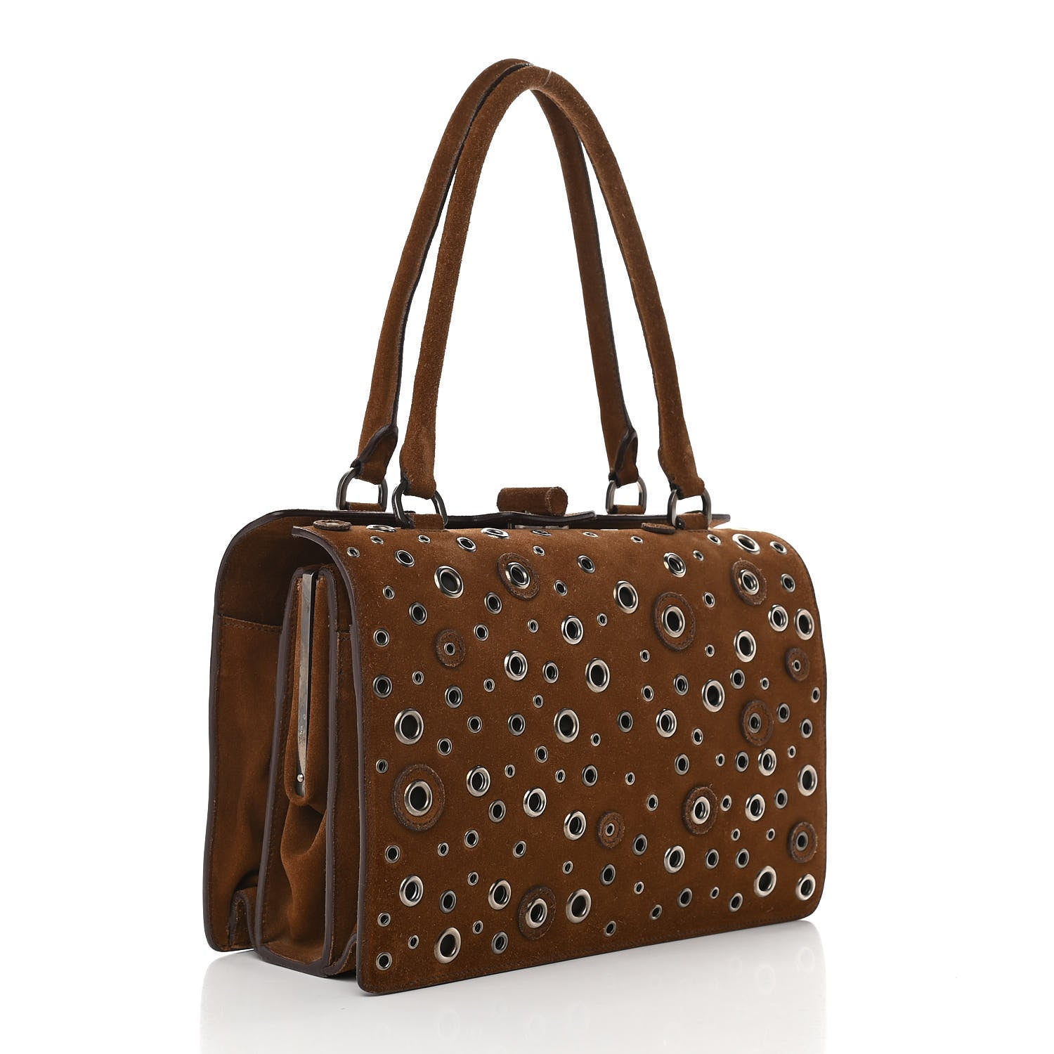Prada Suede Grommet Frame Satchel Tabacco 3 of 13