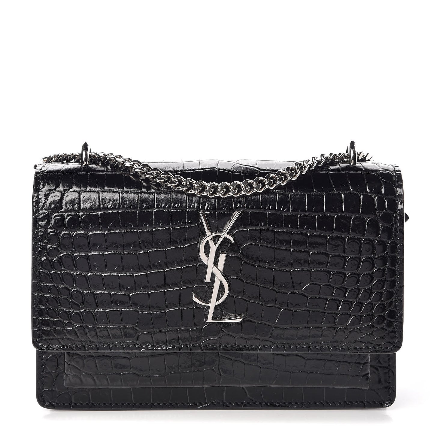 Calfskin Crocodile Embossed Monogram Sunset Chain Wallet Black