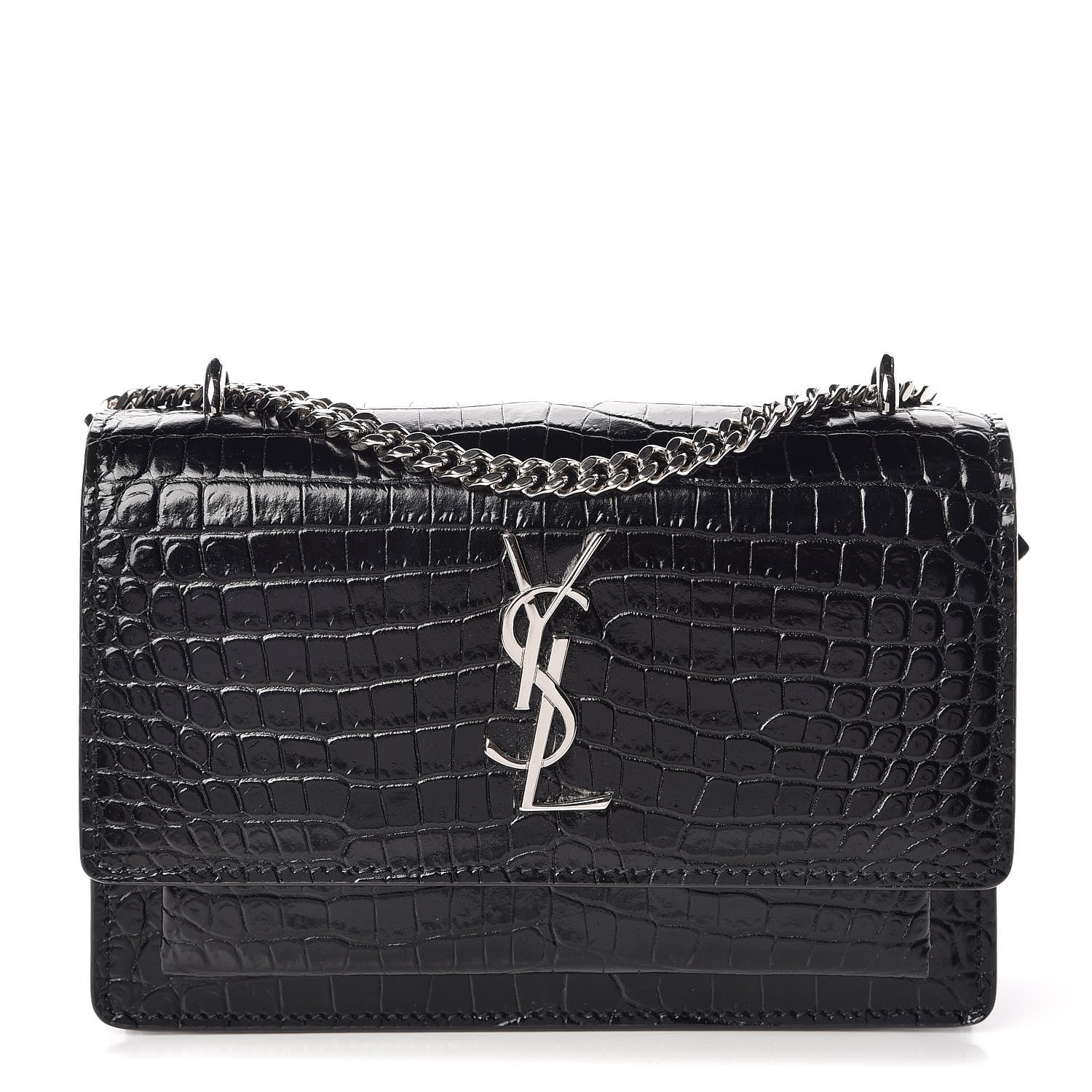 Saint Laurent Calfskin Crocodile Embossed Monogram Sunset Chain Wallet Black 1 of 9