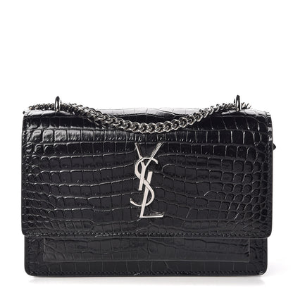 Saint Laurent Calfskin Crocodile Embossed Monogram Sunset Chain Wallet Black 1 of 9