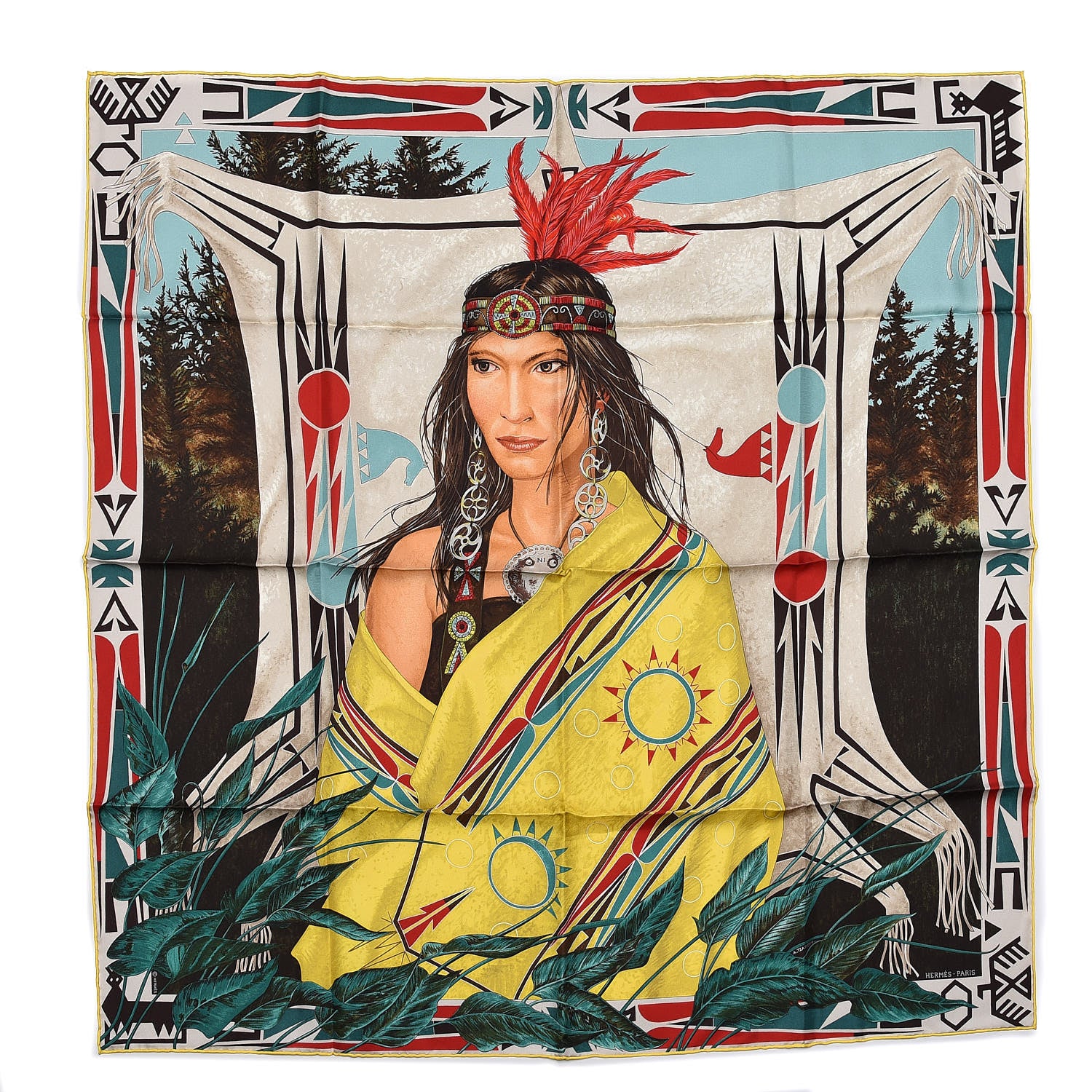 Hermes Silk Wako Ni Scarf 90 Jaune Vert Rouge 1 of 8