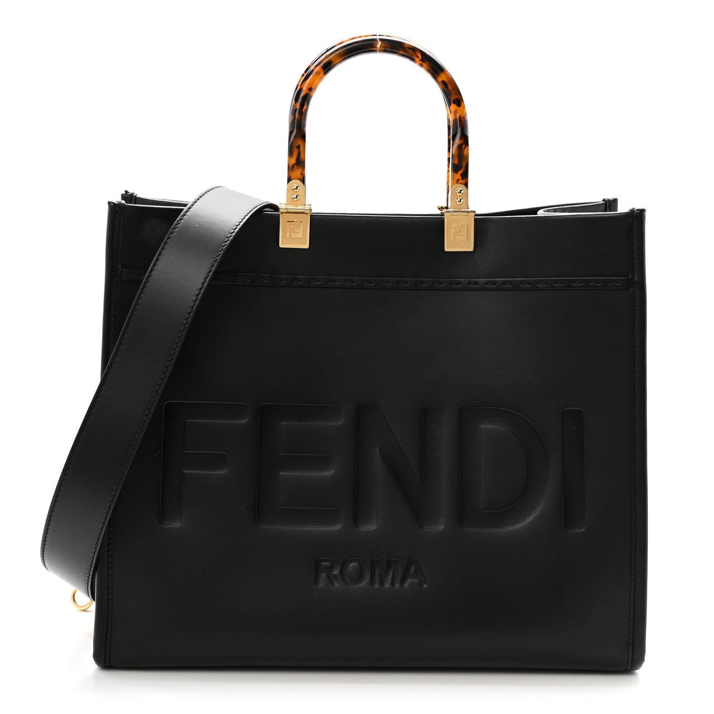 Vitello King Plexiglass Logo Embossed Medium Fendi Sunshine Shopper Tote Black