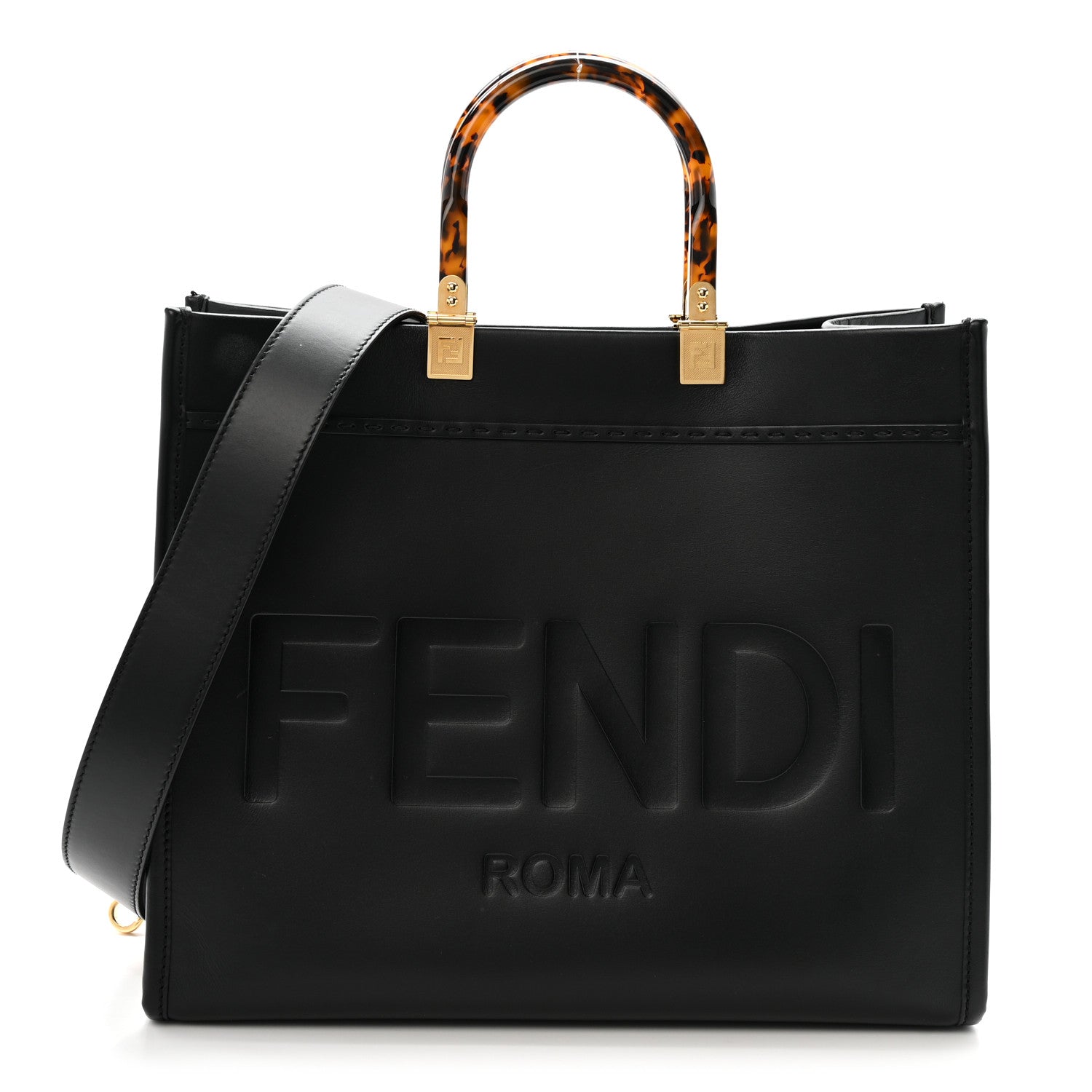 Fendi Vitello King Plexiglass Logo Embossed Medium Fendi Sunshine Shopper Tote Black 1 of 12