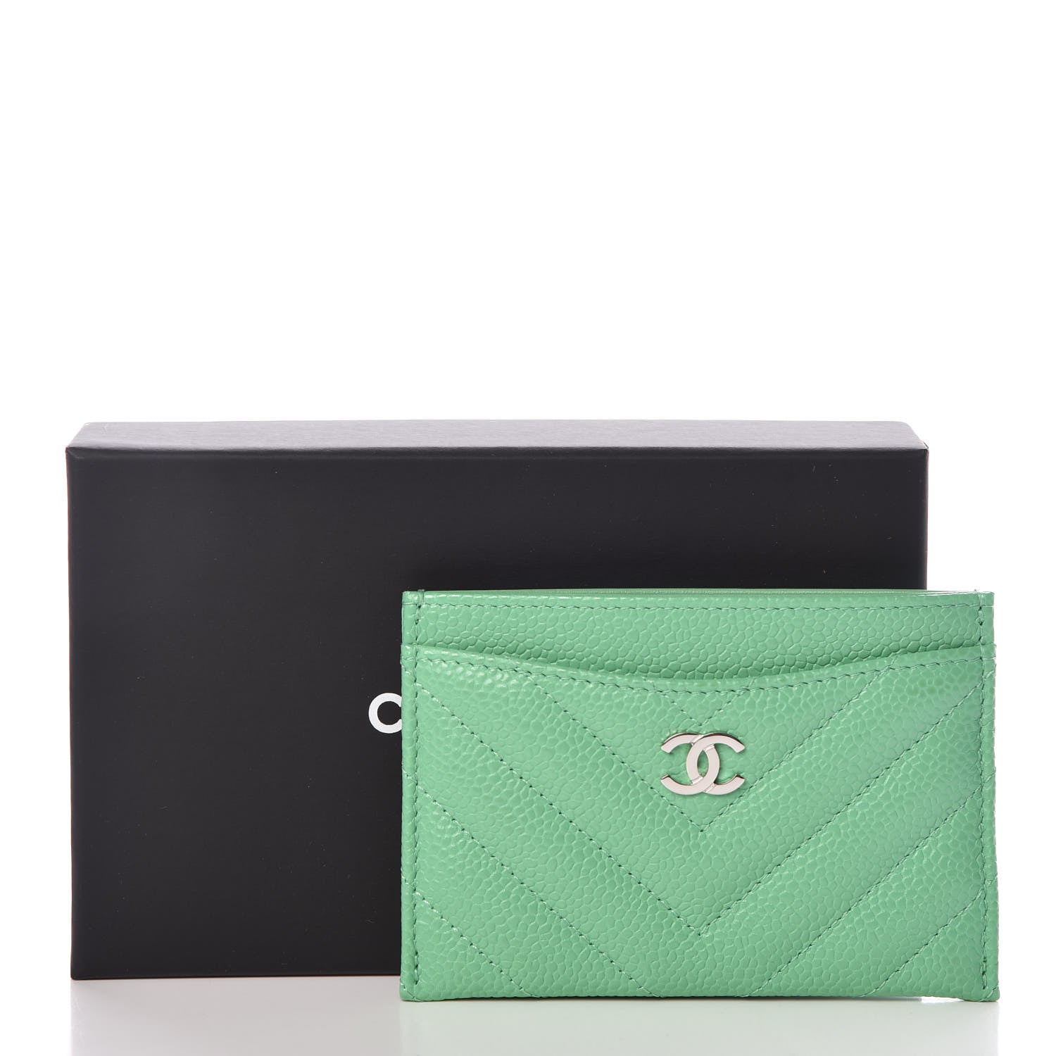 Chanel Caviar Chevron Quilted Card Holder Light Green 9 of 9