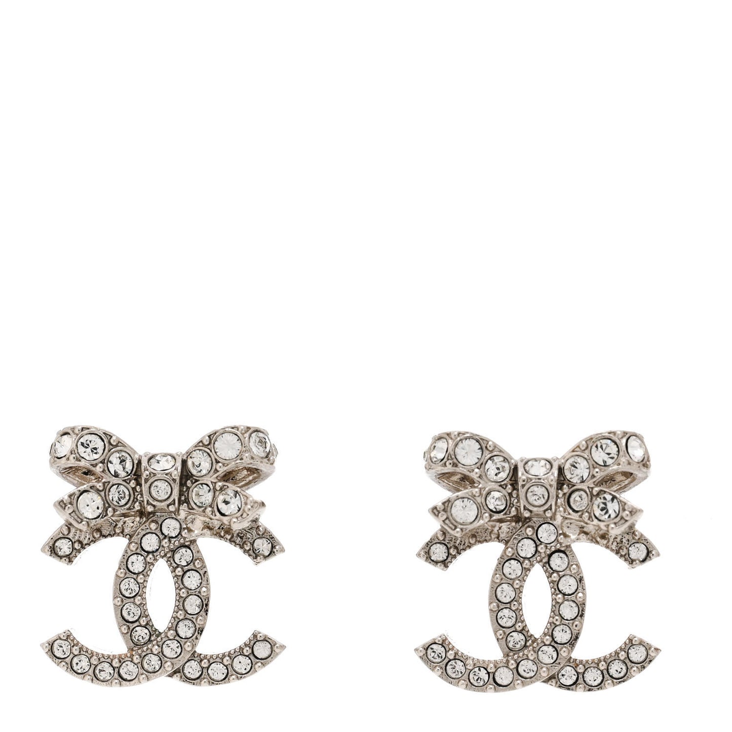 Crystal CC Bow Dangle Earrings Silver