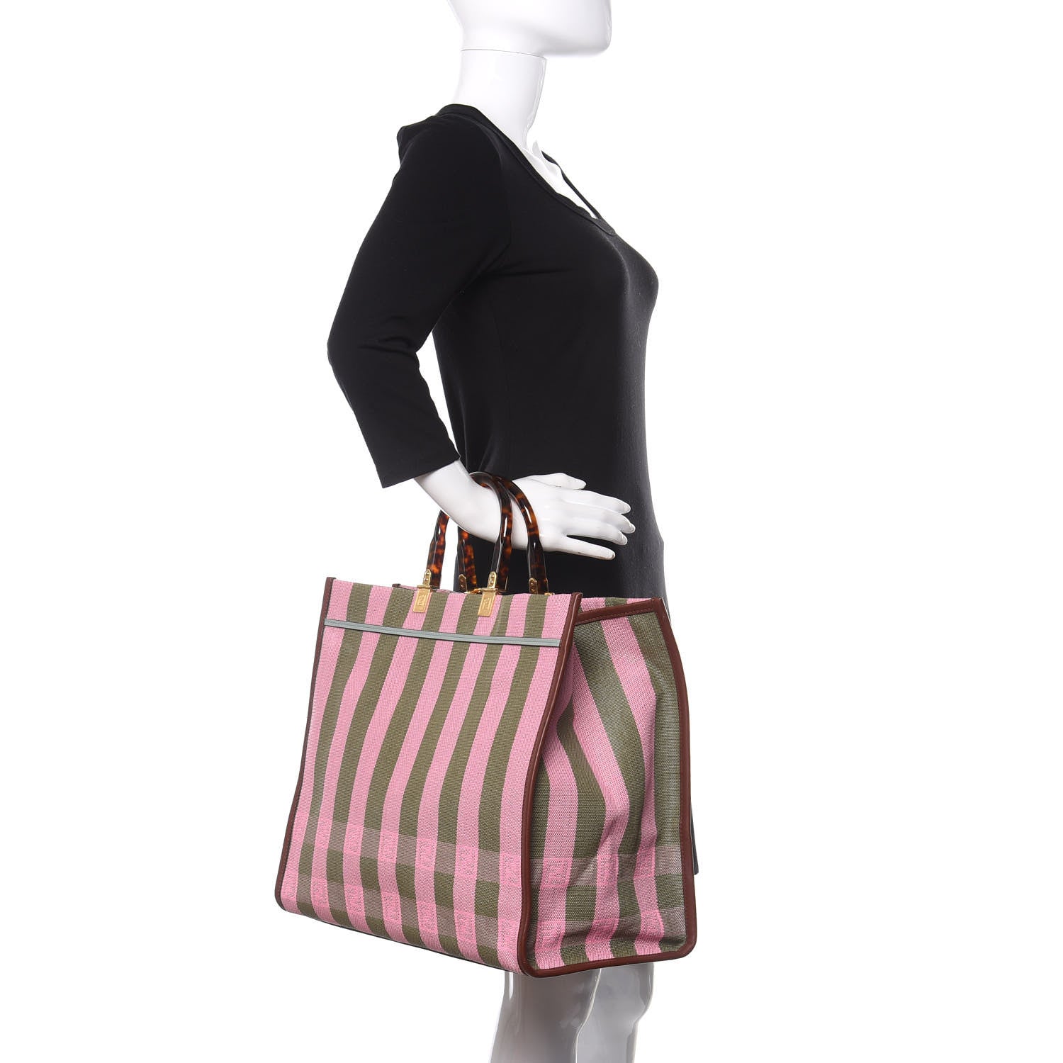 Fendi Raffia Vitello Seta Plexiglass Pequin Gingham Woven Large Fendi Sunshine Shopper Tote Military Rosa 2 of 10