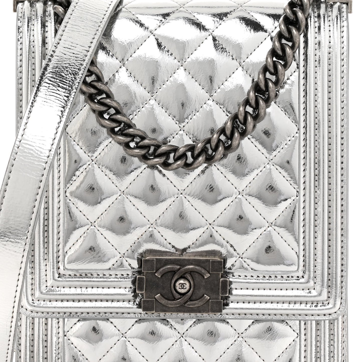 Metallic Goatskin Quilted North South Boy Flap Silver