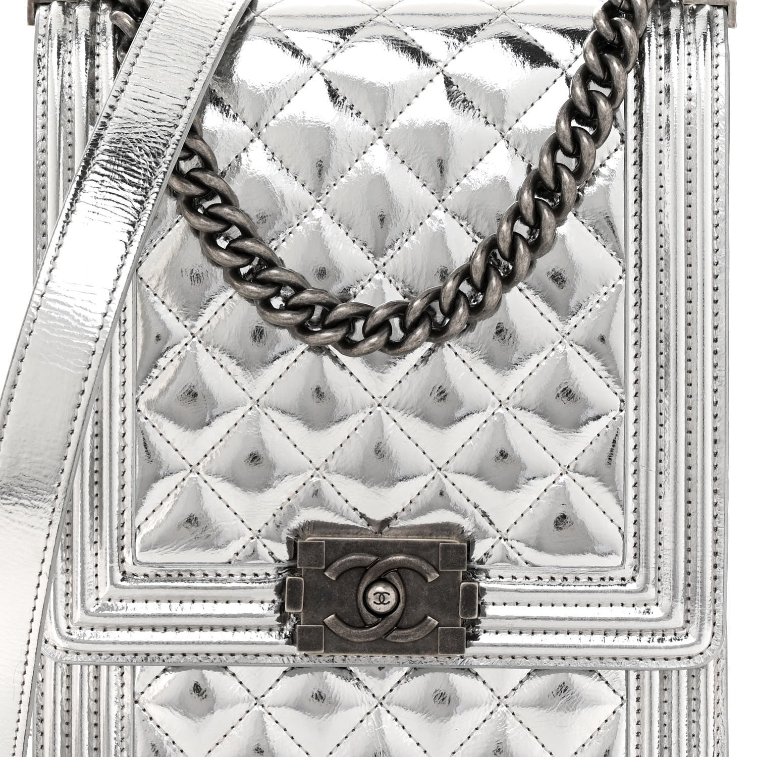 Chanel Metallic Goatskin Quilted North South Boy Flap Silver 8 of 10