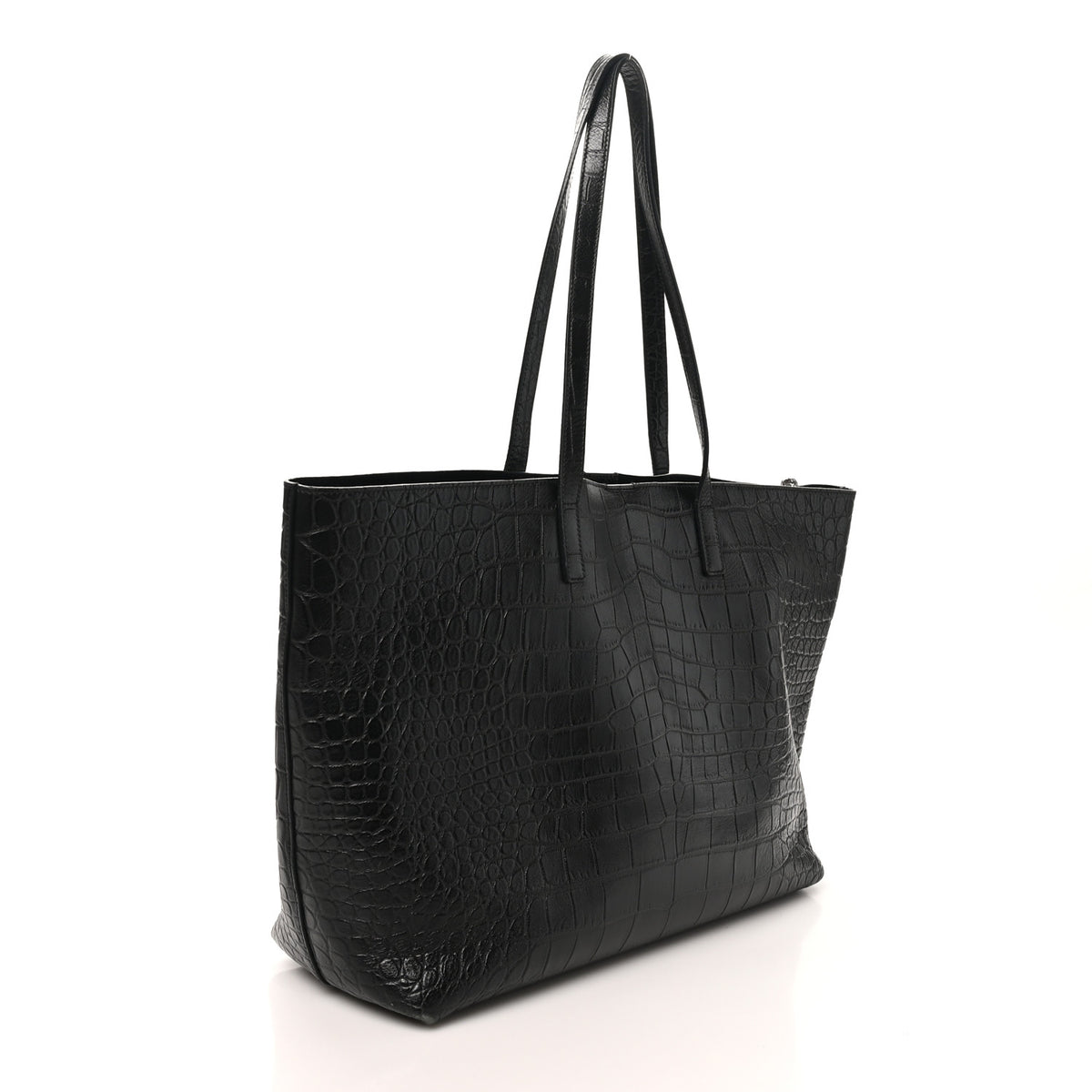 Calfskin Crocodile Embossed Large Shopper Tote Black