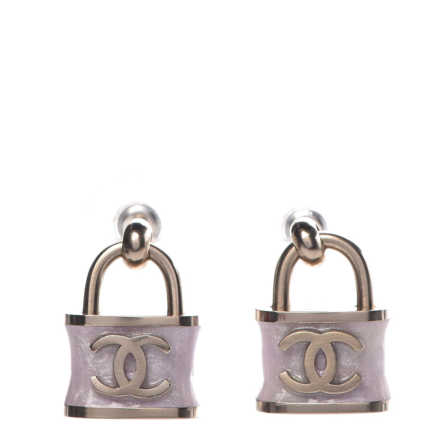 Chanel Resin Strass Silver Lock Earrings Golden Iridescent Lilac 1 of 5